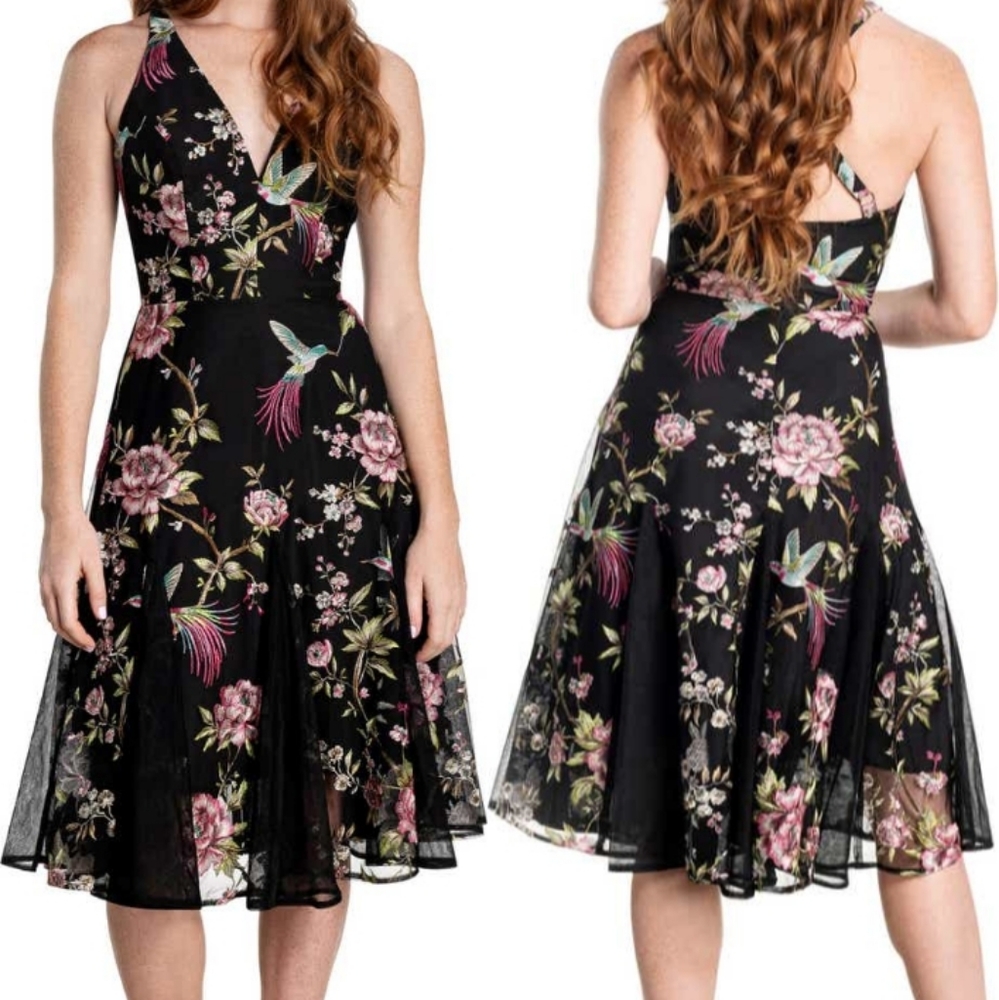 Dress the population halrow floral embr A-line dress L
